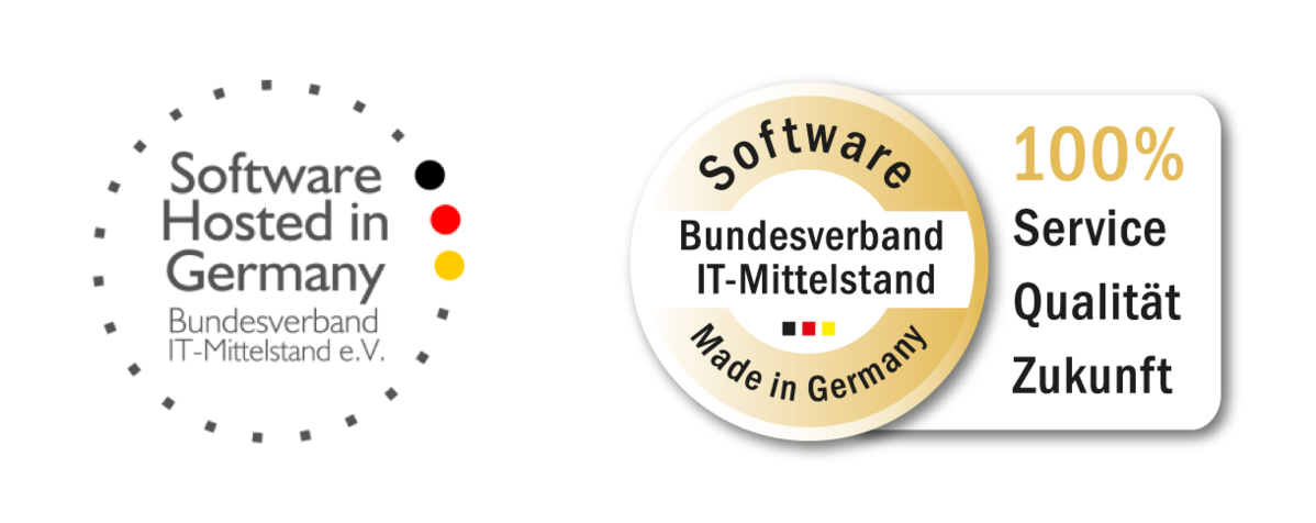 Siegel des Bundesverbandes IT-Mittelstand e. V. für Software Hosted in Germany und Software Made in Germany.