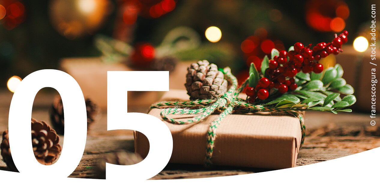 Ein eingepacktes Weihnachtsgeschenk als Bild für den 5. Dezember im Adventskalender.