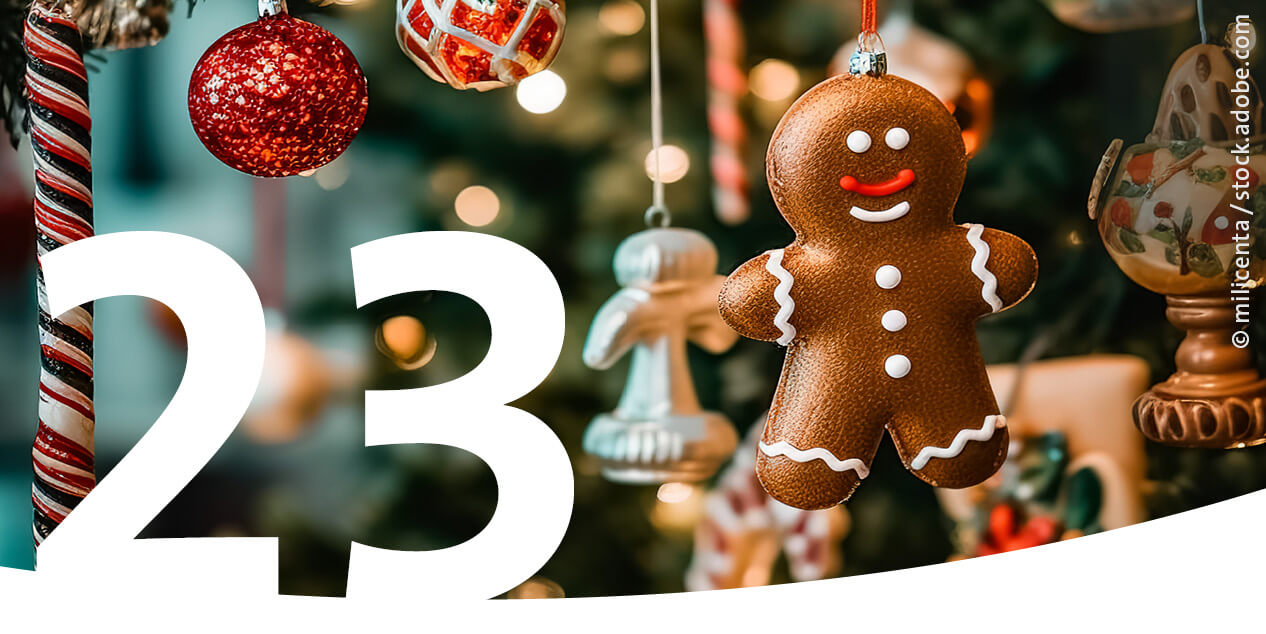 Weihnachtsschmuck hängt an einem Weihnachtsbaum als Bild für den 23. Dezember im Adventskalender.