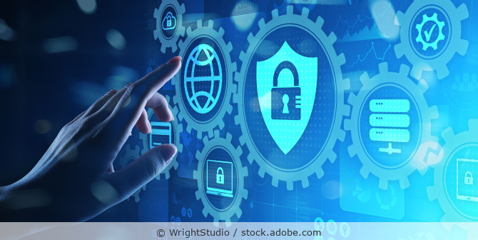 Illustration mit Zahnrädern und verschiedenen Symbolen zur Cybersicherheit.