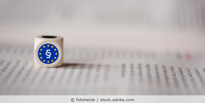 Holzwürfe mit einem Paragrafenzeichen umrandet von Sternen auf blauem Grund liegt auf einem Gesetzestext.