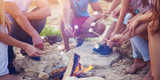 Mehrere Personen an einem Lagerfeuer mit Marshmallows.