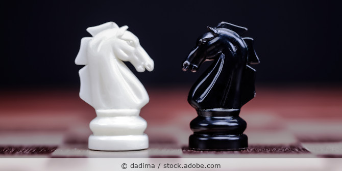 Zwei Schachfiguren stehen sich auf einem Schachbrett direkt gegenüber.