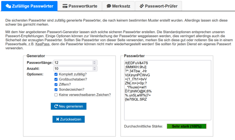 Screen eines Angebots der Uni Münster zum generieren von Passwörtern