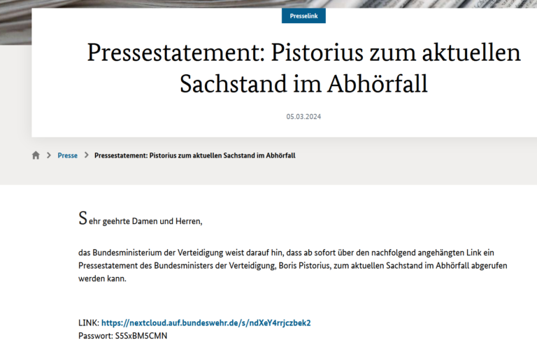 Seite des Verteidigungsministeriums mit geändertem Passwort