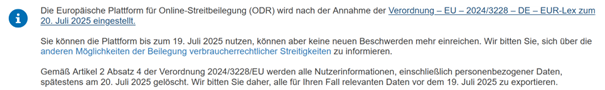 Screen der Europäischen Plattform für Online-Streitbeilegung (ODR).
