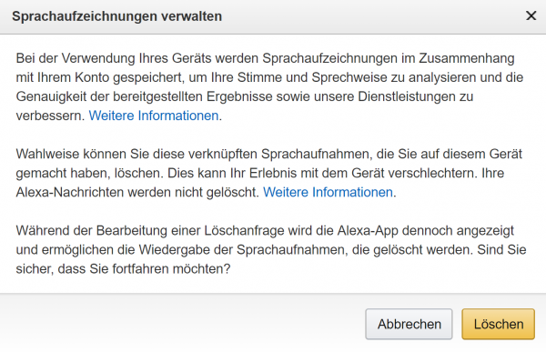 Screen Disclaimer Echo vor dem Löschen von Sprachaufzeichnungen